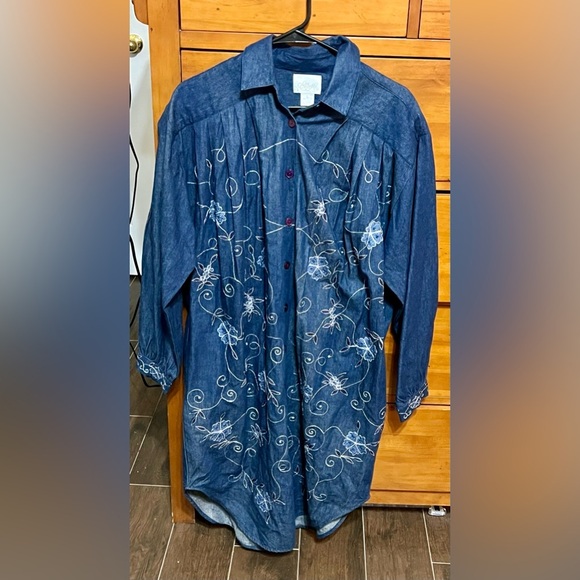 Go Softly Patio Dress Med Blue Denim Embroidered 100% Cotton - Picture 1 of 3